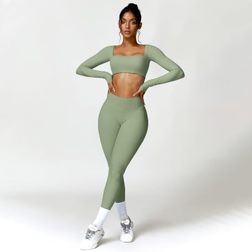 2 Piece Workout Sets for Women Long Sleeve Crop Tops and Yoga Pants Outfits High Waist Flared Leggings Gym Sets