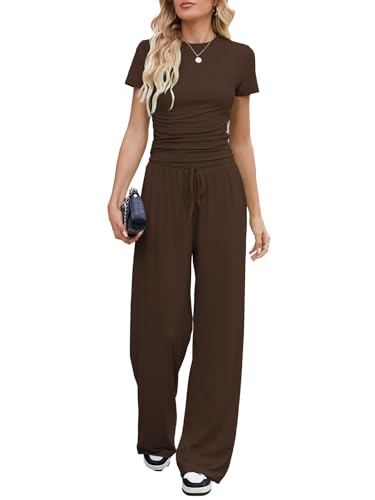 Women's 2 Piece Lounge Sets For Women Summer 2025 Ruched Short Sleeve Tops Wide Leg Pant Sets Tracksuit