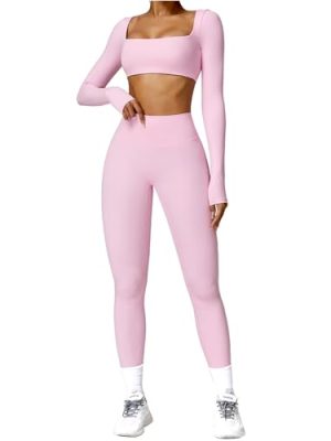 Workout Sets for Women 2 Piece Square Neck Long Sleeve Crop Tops High Waist Flared Leggings Gym Sets