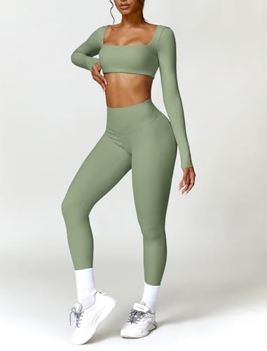 2 Piece Workout Sets for Women Long Sleeve Crop Tops and Yoga Pants Outfits High Waist Flared Leggings Gym Sets