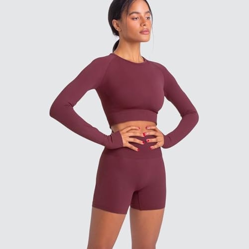 Women Yoga 2 Pieces Workout Long Sleeve Crop Top Sports Bra + Running Shorts Sets Athletic Fitness Gym Tracksuit