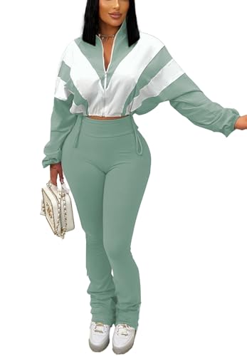 Women's Color Block 2 Piece 80s 90s Outfits Sweatshirt Zip Up Jacket and Bodycon Pants Tracksuit Sets