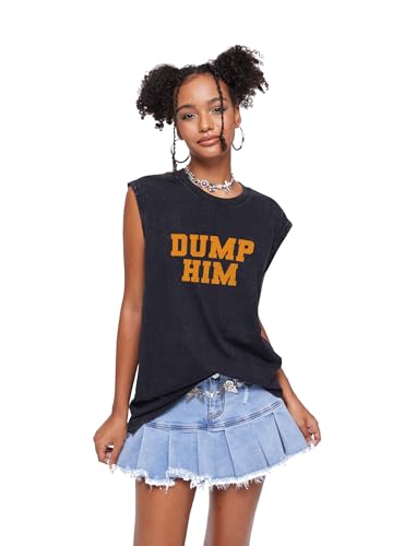 Y2K Graphic Tank Tops - Dump Him Sleeveless Acid Wash Round Neck Tank Running Gym Loose Fit Tee