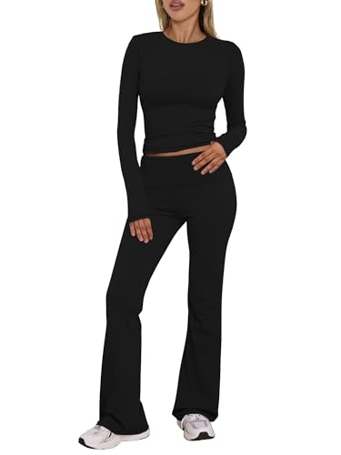 Women's Workout 2 Piece Lounge Sets Long Sleeve Tops Foldover Flare Pants Casual Outfits Tracksuit