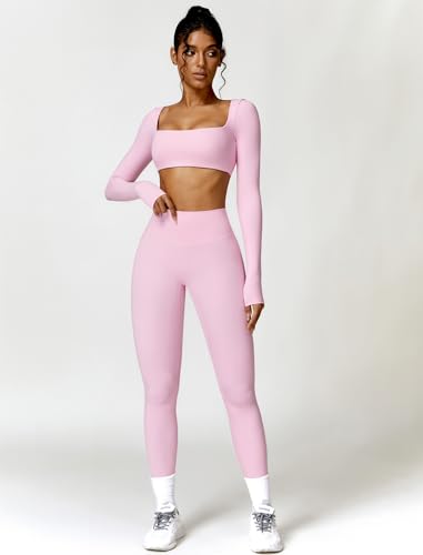 Workout Sets for Women 2 Piece Square Neck Long Sleeve Crop Tops High Waist Flared Leggings Gym Sets