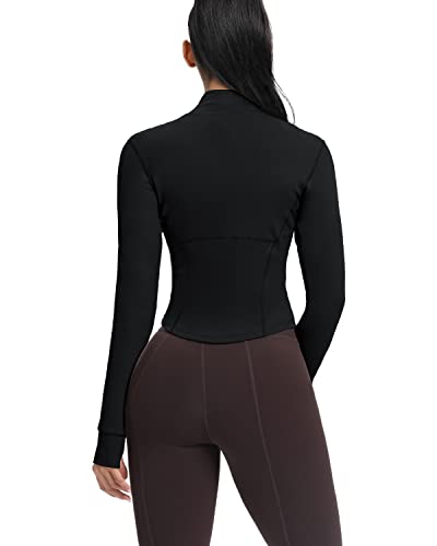 Women's Cropped Running Workout Jackets Zip Slim Fit Athletic Tops with Thumb Holes