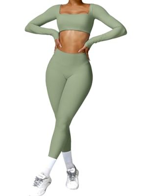 2 Piece Workout Sets for Women Long Sleeve Crop Tops and Yoga Pants Outfits High Waist Flared Leggings Gym Sets