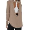 Tankaneo Womens Open Back Workout Shirts Casual Long Sleeve Boat Neck Tops Athletic Gym Yoga Tees with Thumb Holes