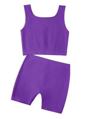 Girl's 2 Piece Outfits Workout Set Seamless Ribbed Cropped Tank Tops and Athletic Shorts Summer Kids 6-14Y