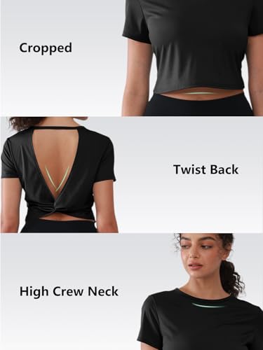 Open Back Workout Tops for Women Crop Yoga Shirts Lightweight Twist Back Athletic Running Gym Tops