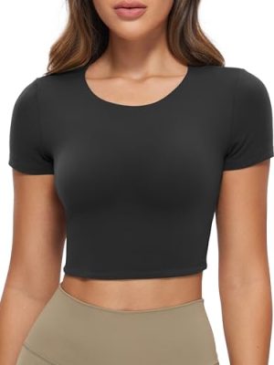 Womens Butterluxe Double Lined Short Sleeve Crop Tops Crew Neck Casual Workout T-Shirt Cute Basic Tee
