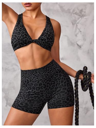 Women's Leopard Workout Set 2 Piece Twist Front Cross Back Sports Bra Biker Shorts Set