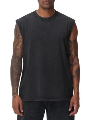 Mens Workout Tank Tops Sleeveless Tee Shirts Men Muscle Shirt Gym Acid Wash T Shirts Running Beach Loose Fit Tee