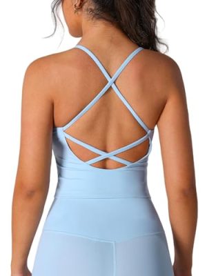 Womens Strappy Workout Tank Top with Built in Bra Backless V Neck Longline Sports Bras Yoga Gym Athletic Tops