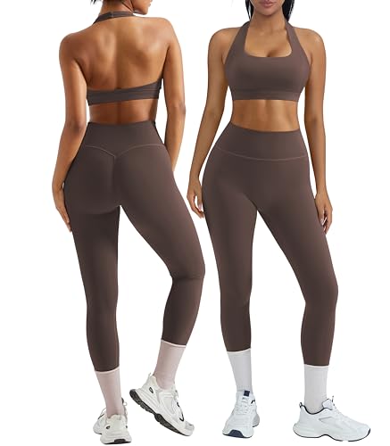 2 Piece Workout Sets for Women Halter Sports Bras Gym Sets Booty Leggings Outfits