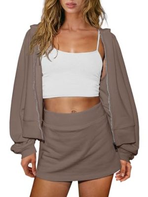 Womens 2 Piece Workout Sets Lounge Matching Sets Zip Up Hoodie and Skirt Gym Clothes Yoga Outfits