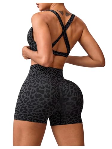 Women's Leopard Workout Set 2 Piece Twist Front Cross Back Sports Bra Biker Shorts Set