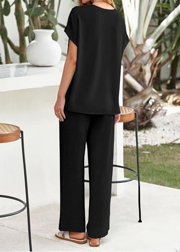 Summer Sets Women 2 Piece Outfits Casual Ribbed Knit Short Sleeve Tops Wide Leg Pants Lounge Set Travel Tracksuit