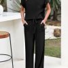 Summer Sets Women 2 Piece Outfits Casual Ribbed Knit Short Sleeve Tops Wide Leg Pants Lounge Set Travel Tracksuit