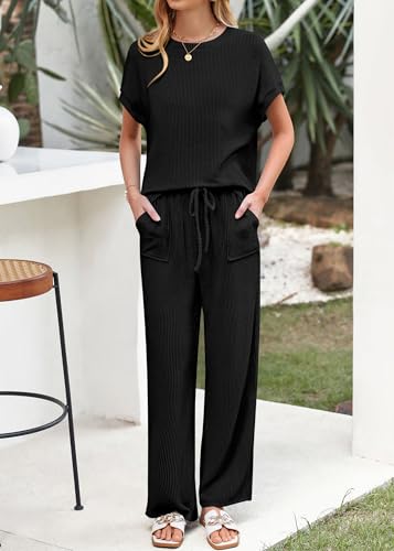 Summer Sets Women 2 Piece Outfits Casual Ribbed Knit Short Sleeve Tops Wide Leg Pants Lounge Set Travel Tracksuit