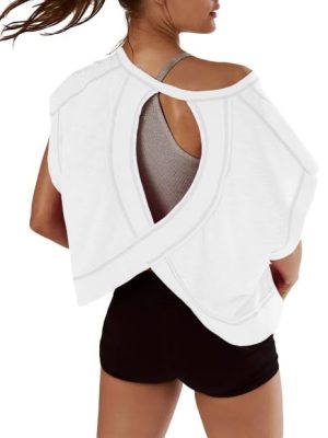 Women Short Sleeve Workout Shirts Open Back Tops Casual Yoga Y2k Athletic Gym Slouchy Crop Running Tees