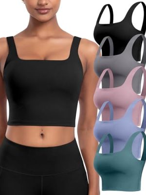 Womens Sports Bras 5 Packs - Square Neck Longline Workout Crop Tank Tops Padded Yoga Camisole with Built in Pads