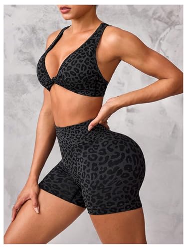 Women's Leopard Workout Set 2 Piece Twist Front Cross Back Sports Bra Biker Shorts Set