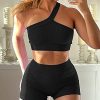 Womens 3 Piece Workout Sets - Seamless Ribbed Yoga Outfits Sports Bra One Shoulder Top Biker Shorts Gym Athletic Cloth