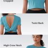 Open Back Workout Tops for Women Crop Yoga Shirts Lightweight Twist Back Athletic Running Gym Tops Blue
