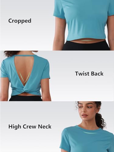 Open Back Workout Tops for Women Crop Yoga Shirts Lightweight Twist Back Athletic Running Gym Tops Blue