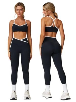 Women 2 Piece Workout Sets ColorBlock Cross Back Sports Bra High Waist Tummy Control Active Leggings Yoga Outfit