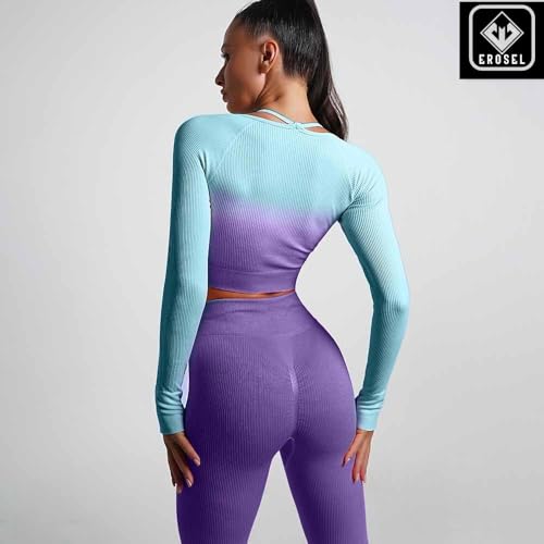 Women's Fitness Clothing Gym Outfit and Yoga Workout Set – Seamless Crop Top and High Waisted Leggings Ombre Gradient