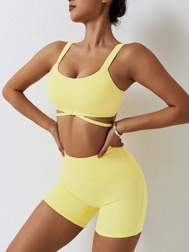 Workout Sets for Women 2 Piece Twist Front Halter Sports Bras High Waist Biker Shorts Exercise Gym Yoga Outfit