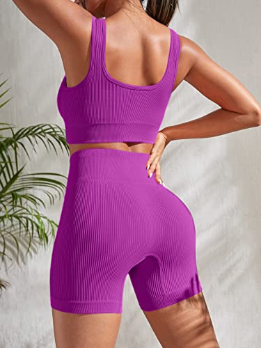 4 Piece Workout Sets for Women Seamless Ribbed High Waist Yoga shorts with Sports Bra Outfits