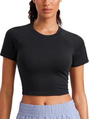 Seamless Womens Short Sleeve Crop Tops Breathable Slim Fit Gym Workout Shirts Athletic Running Basic Tee Top