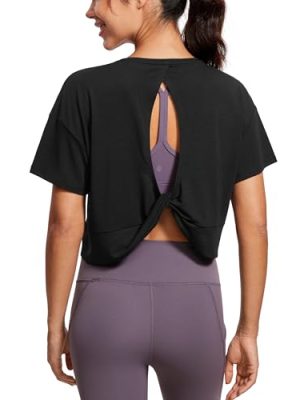 Open Back Short Sleeve Crop Top for Women Loose Athletic Yoga Workout Shirts Casual Cropped T-Shirts