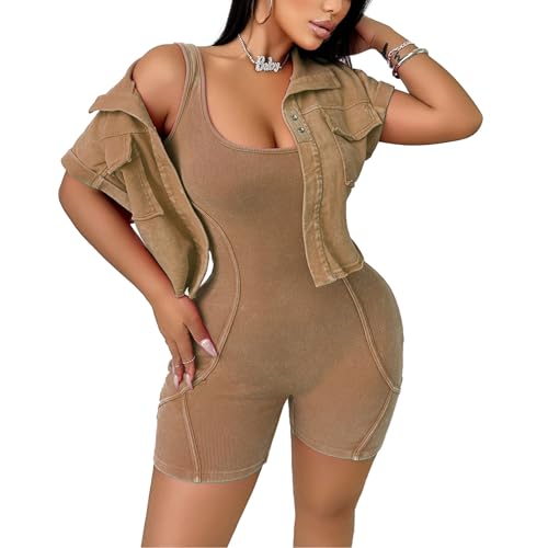 Women's Workout Jumpsuits Two Piece Ribbed Square Neck Yoga Romper Short Sexy Bodycon Bodysuits Summer Outfits