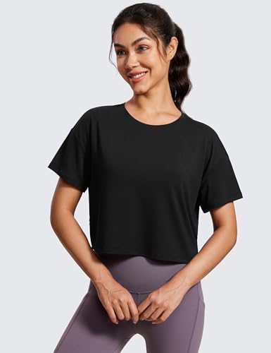 Open Back Short Sleeve Crop Top for Women Loose Athletic Yoga Workout Shirts Casual Cropped T-Shirts