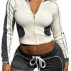 Womens Spring 2 Piece Workout Sets Long Sleeve Zip up Jacket Crop Tops High Waist Biker Shorts Gym Yoga Outfits