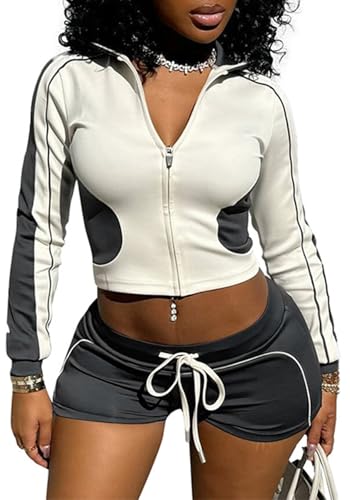 Womens Spring 2 Piece Workout Sets Long Sleeve Zip up Jacket Crop Tops High Waist Biker Shorts Gym Yoga Outfits
