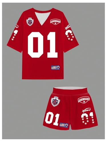 Women's 2 Piece Workout Set Number Letter Graphic Jersey Shirts with Track Shorts Tracksuits