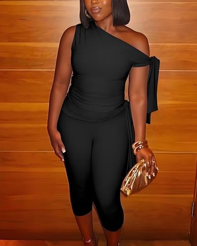 Two Piece Sets for Women Sleeveless Off the Shoulder Tops High Waist Bodycon Capri Pants Summer Outfits Clubwear