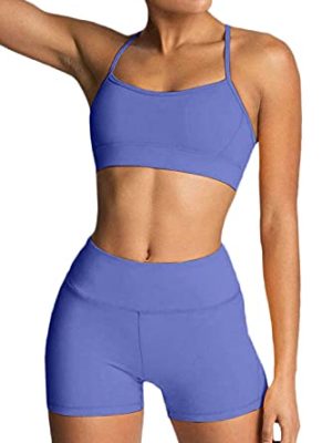 Women's Workout Sets 2 Piece Yoga Outfits High Waisted Biker Shorts and Cross Back Sports Bra Gym Set