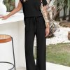Summer Sets Women 2 Piece Outfits Casual Ribbed Knit Short Sleeve Tops Wide Leg Pants Lounge Set Travel Tracksuit