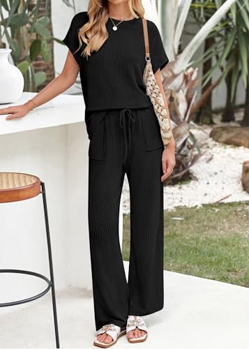 Summer Sets Women 2 Piece Outfits Casual Ribbed Knit Short Sleeve Tops Wide Leg Pants Lounge Set Travel Tracksuit