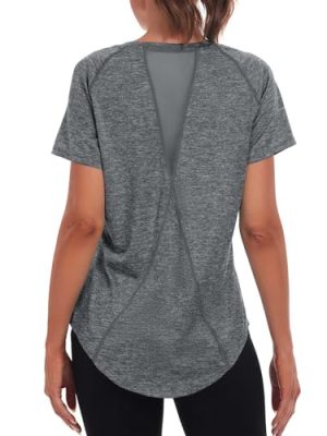 Women's Long Workout Tops,Short Sleeve Dry-Fit Mesh Open Back Loose Fit Gym Athletic Running Shirts Exercise Tee