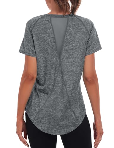 Women's Long Workout Tops,Short Sleeve Dry-Fit Mesh Open Back Loose Fit Gym Athletic Running Shirts Exercise Tee