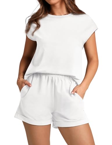 2 Piece Sets for Women Casual Summer Travel Vacation Outfits Cap Sleeve Shorts Lounge Set