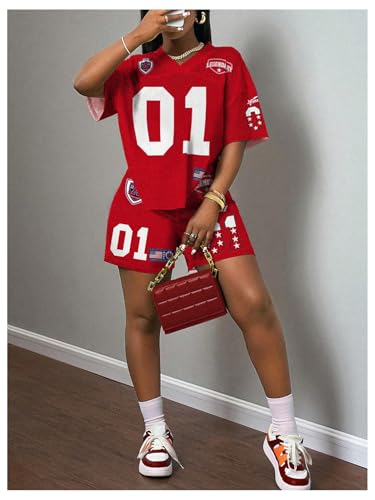 Women's 2 Piece Workout Set Number Letter Graphic Jersey Shirts with Track Shorts Tracksuits