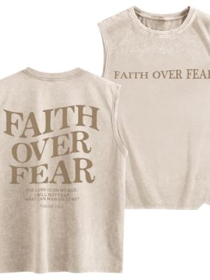 Mens Christian Sleeveless Shirts Faith Over Fear Graphic Tank Tops Gym Workout Acid Wash Tanks Cut Off Muscle Shirt